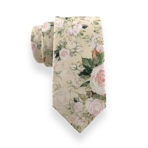 Men’s Cream Floral Print Necktie, Slim 2.75” Width Wedding Party Tie